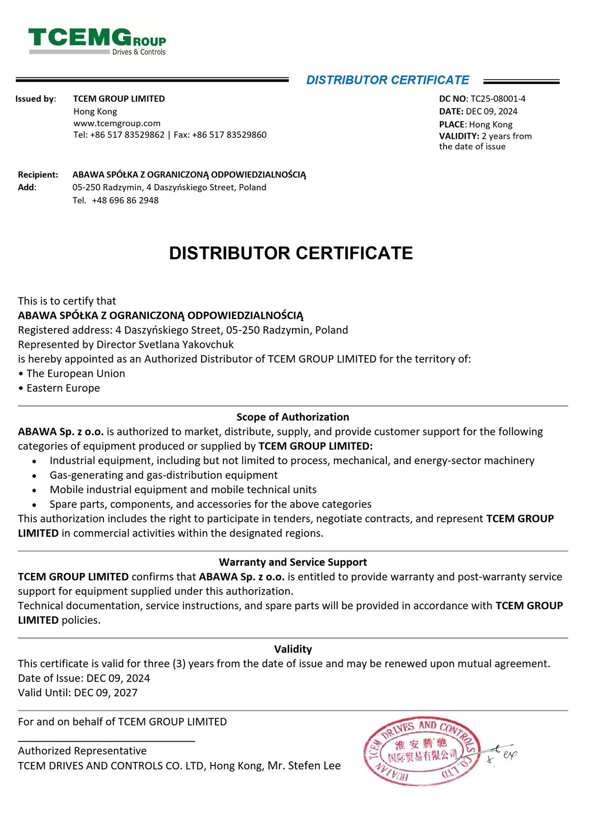 TCEM Group Distributor Certificate issued to ABAWA Sp. z o.o.